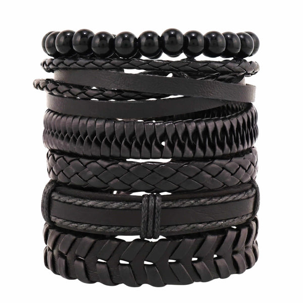 GRIT WEAVE BLACK - 6 Pcs Genuine Leather Adjustable Bracelet for Men & Boys