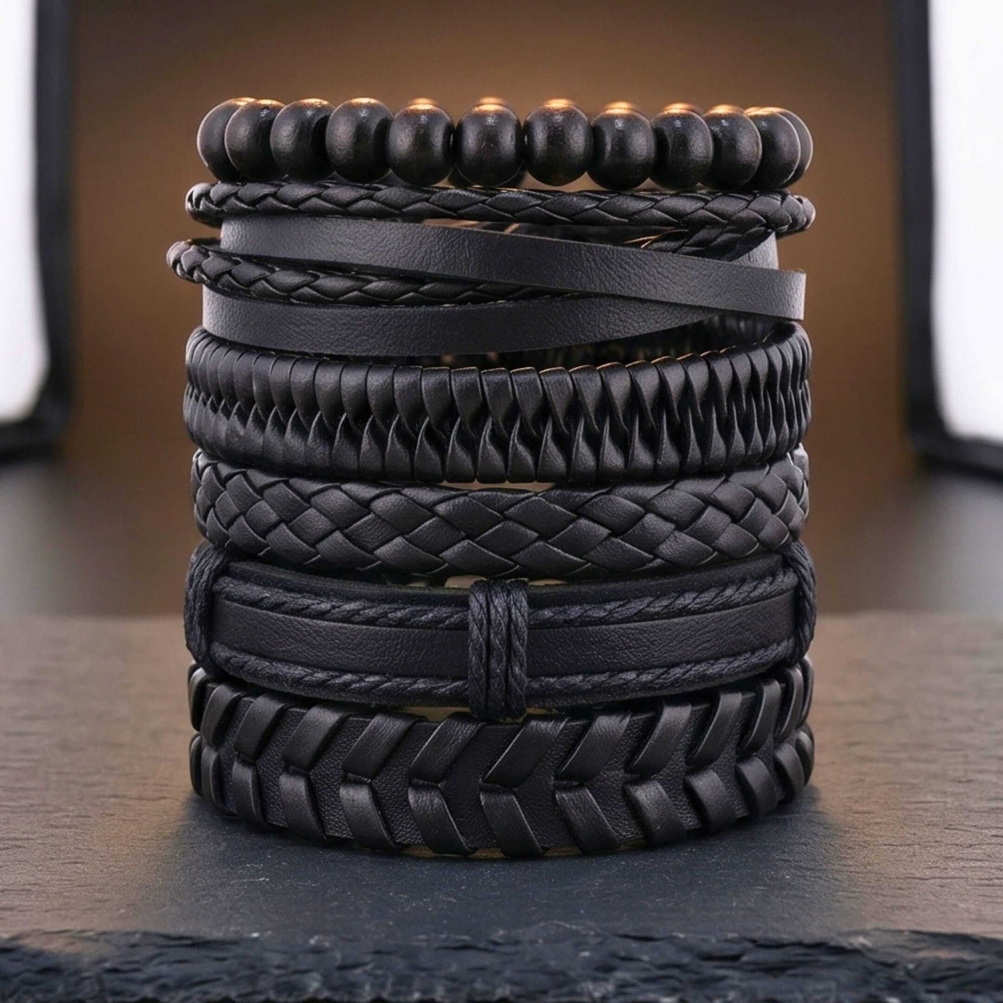GRIT WEAVE BLACK - 6 Pcs Genuine Leather Adjustable Bracelet for Men & Boys — Leather Bracelet for Men | THE MEN THING
