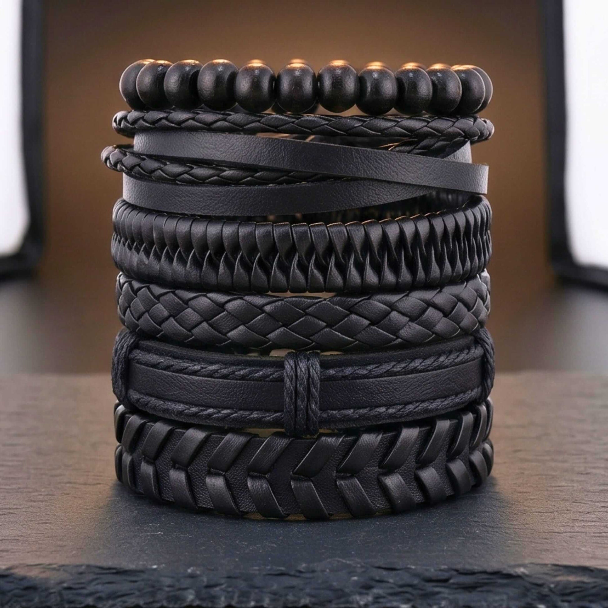 GRIT WEAVE BLACK - 6 Pcs Genuine Leather Adjustable Bracelet for Men & Boys — Leather Bracelet for Men | THE MEN THING