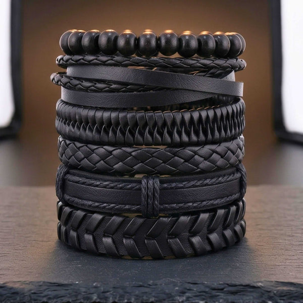 GRIT WEAVE BLACK - 6 Pcs Genuine Leather Adjustable Bracelet for Men & Boys