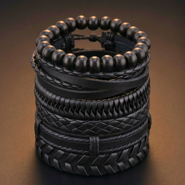 GRIT WEAVE BLACK - 6 Pcs Genuine Leather Adjustable Bracelet for Men & Boys