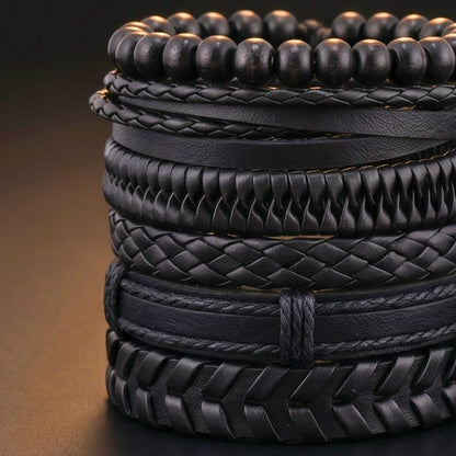 GRIT WEAVE BLACK - 6 Pcs Genuine Leather Adjustable Bracelet for Men & Boys — Leather Bracelet for Men | THE MEN THING