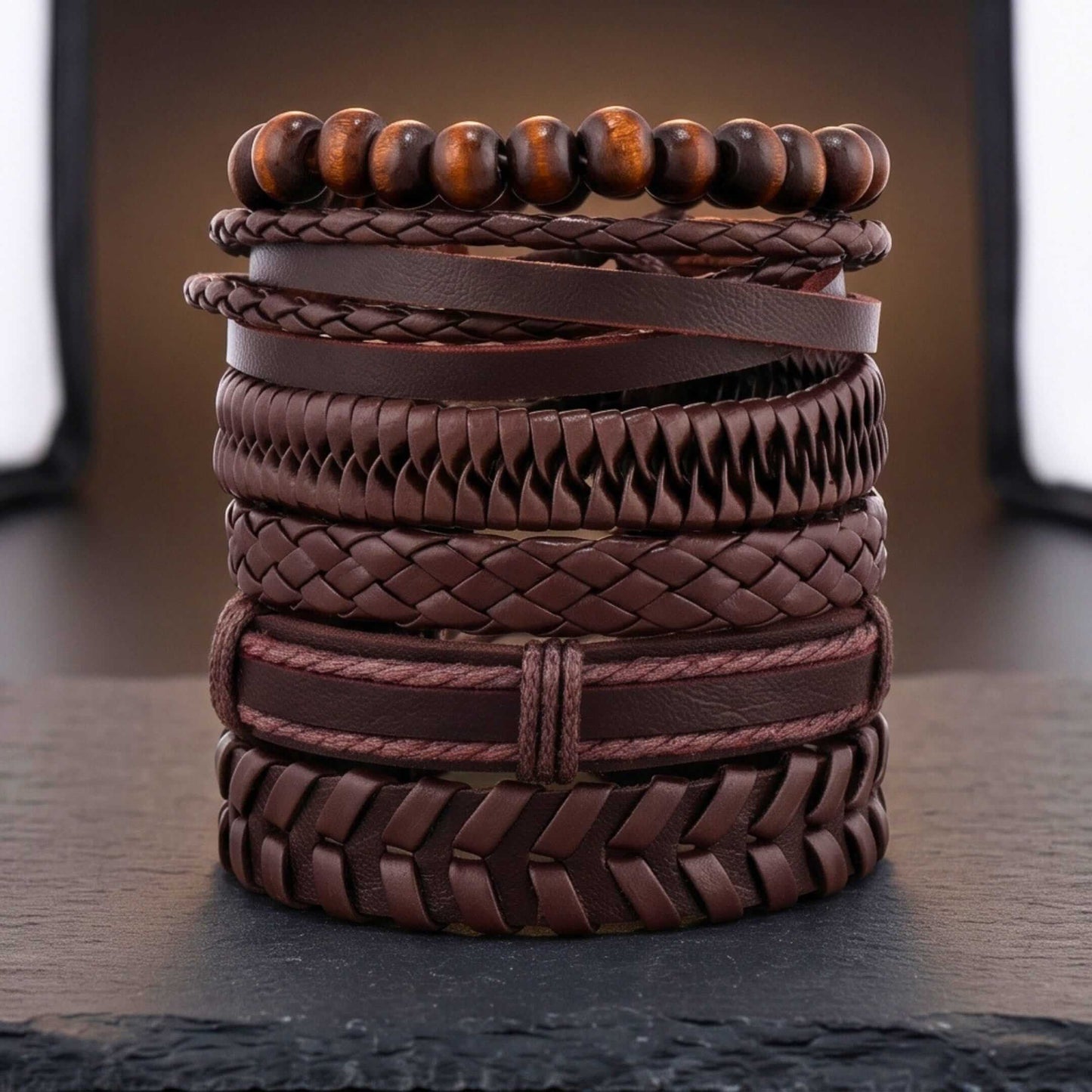GRIT WEAVE BROWN - 6 Pcs Genuine Leather Adjustable Bracelet for Men & Boys - THE MEN THING