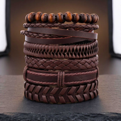GRIT WEAVE BROWN - 6 Pcs Genuine Leather Adjustable Bracelet for Men & Boys - THE MEN THING