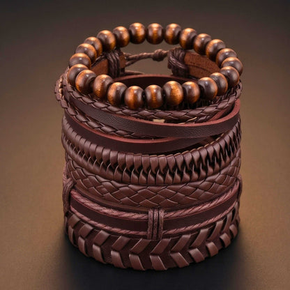 GRIT WEAVE BROWN - 6 Pcs Genuine Leather Adjustable Bracelet for Men & Boys - THE MEN THING