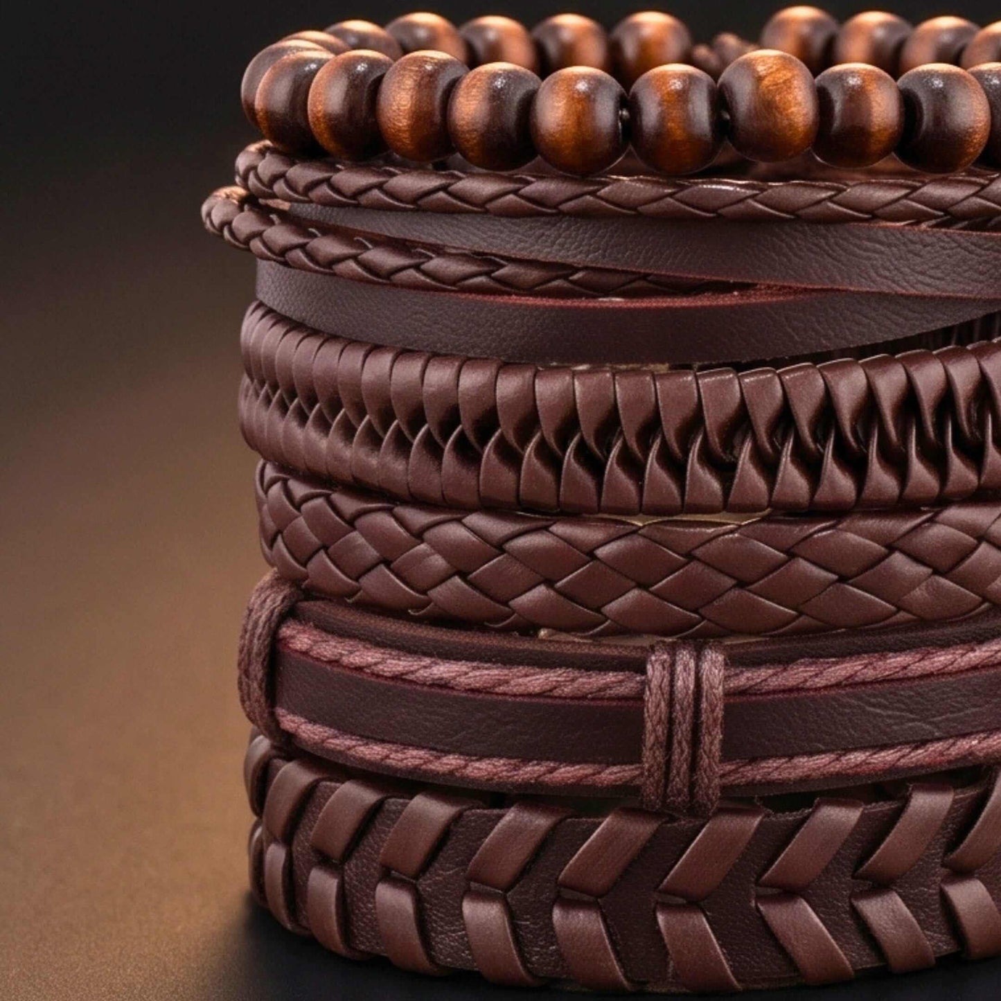 GRIT WEAVE BROWN - 6 Pcs Genuine Leather Adjustable Bracelet for Men & Boys - THE MEN THING