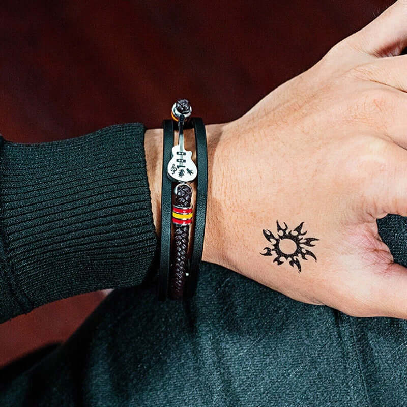 GUITAR CHARM BLACK - Three Strand Genuine Leather Bracelet with Stainless Steel Magnetic Buckle for Men & Boy (8 inch) - THE MEN THING