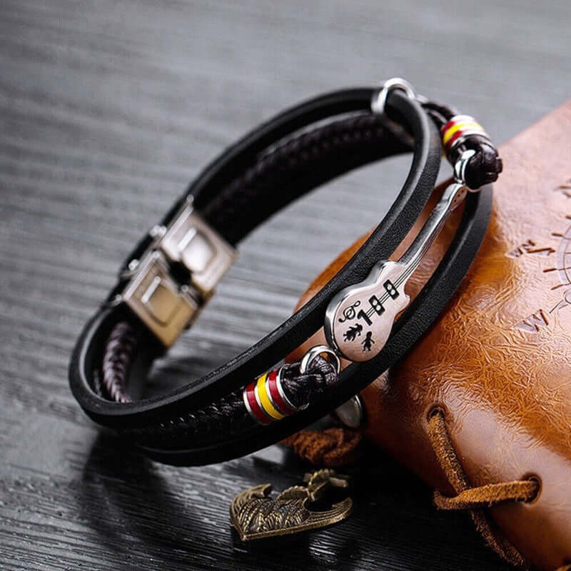 GUITAR CHARM BLACK - Three Strand Genuine Leather Bracelet with Stainless Steel Magnetic Buckle for Men & Boy (8 inch) - THE MEN THING