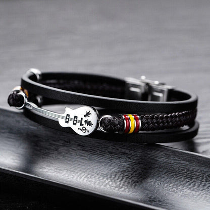 GUITAR CHARM BLACK - Three Strand Genuine Leather Bracelet with Stainless Steel Magnetic Buckle for Men & Boy (8 inch) - THE MEN THING