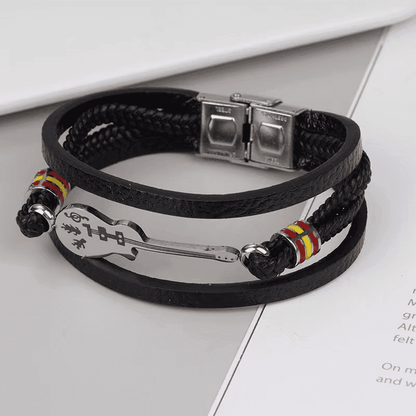 GUITAR CHARM BLACK - Three Strand Genuine Leather Bracelet with Stainless Steel Magnetic Buckle for Men & Boy (8 inch) - THE MEN THING