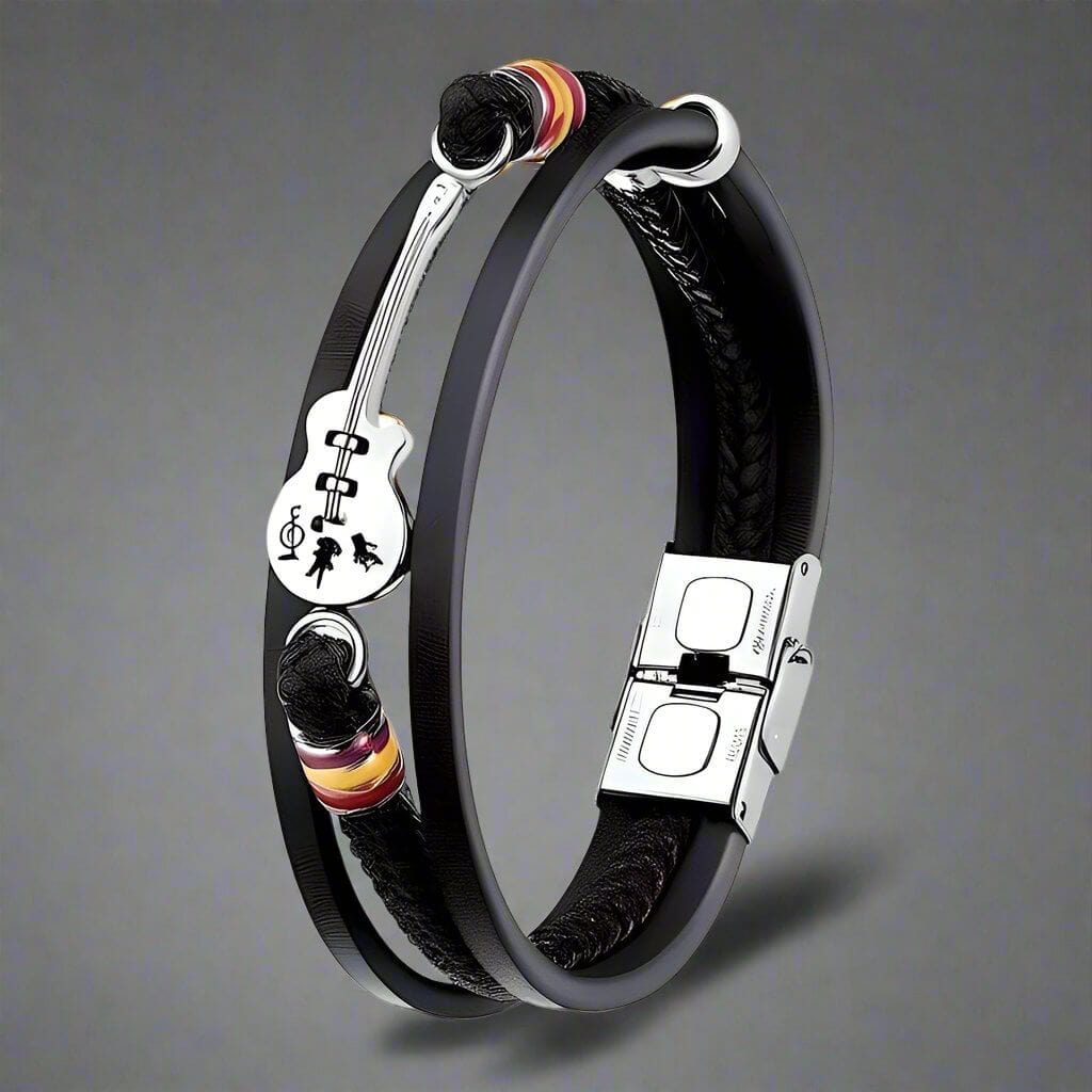 GUITAR CHARM BLACK - Three Strand Genuine Leather Bracelet with Stainless Steel Magnetic Buckle for Men & Boy (8 inch) - THE MEN THING