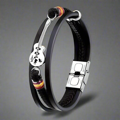 GUITAR CHARM BLACK - Three Strand Genuine Leather Bracelet with Stainless Steel Magnetic Buckle for Men & Boy (8 inch) - THE MEN THING
