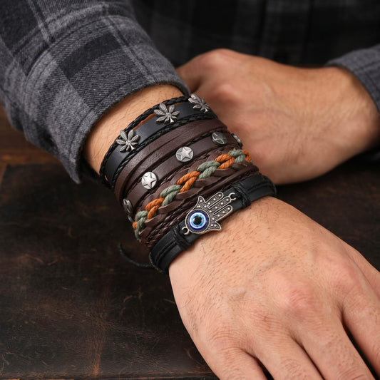 HAMSA CORE - 6 Pcs Genuine Leather Adjustable Bracelet for Men & Boys - THE MEN THING