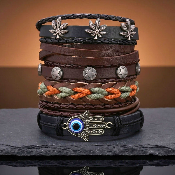 HAMSA CORE - 6 Pcs Genuine Leather Adjustable Bracelet for Men & Boys