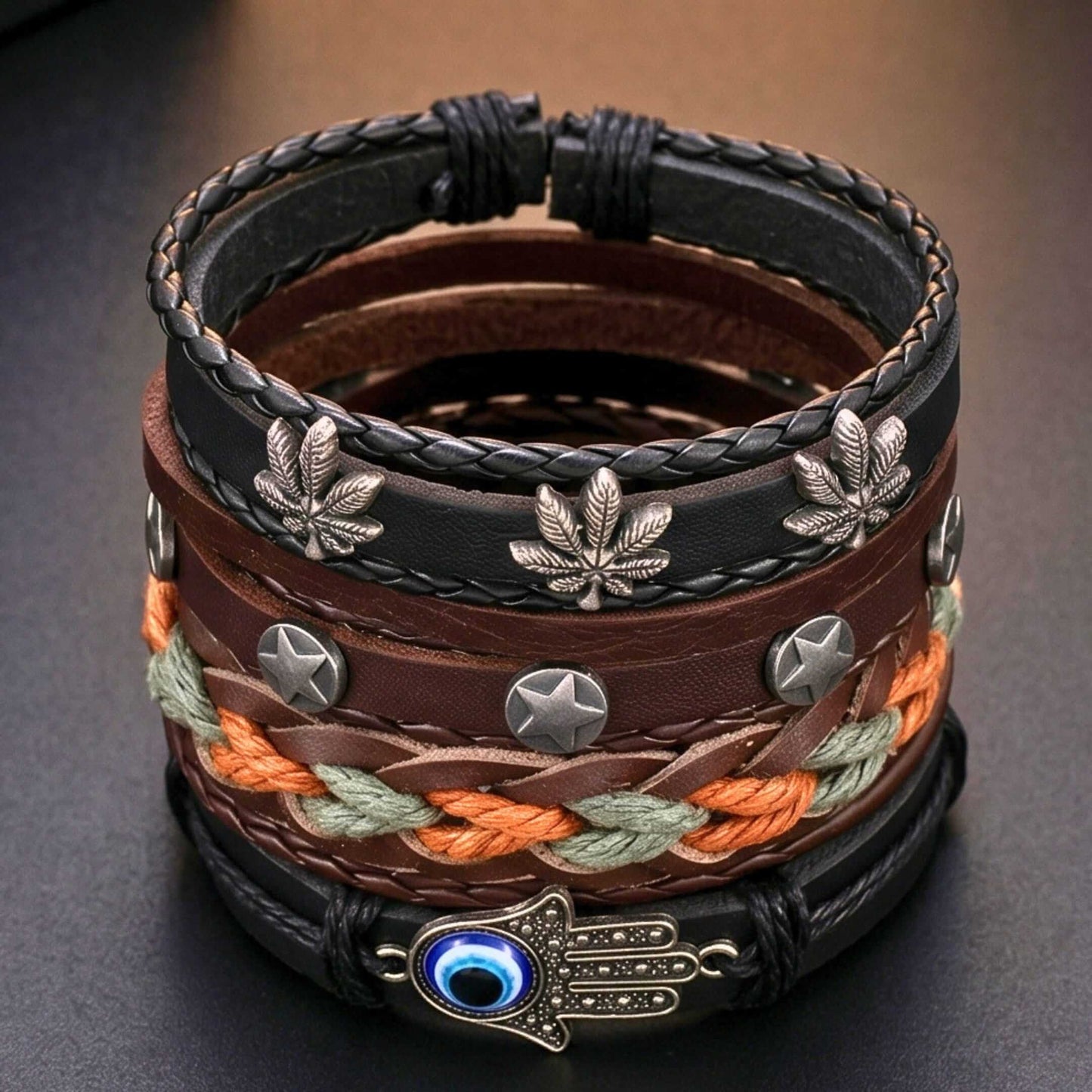 HAMSA CORE - 6 Pcs Genuine Leather Adjustable Bracelet for Men & Boys — Leather Bracelet for Men | THE MEN THING