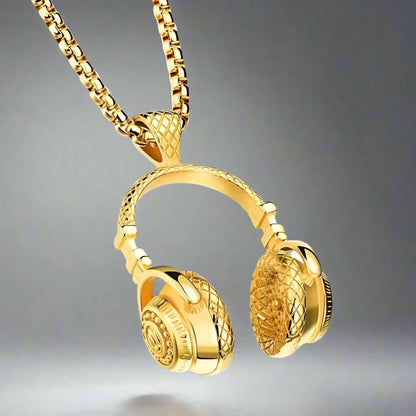 HEADPHONE GOLD (A) - Alloy Pendant with Stainless Steel 24inch Round Box Chain, American trending Style for Men & Boys - THE MEN THING