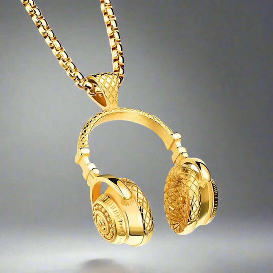 HEADPHONE GOLD (A) - Alloy Pendant with Stainless Steel 24inch Round Box Chain, American trending Style for Men & Boys - THE MEN THING