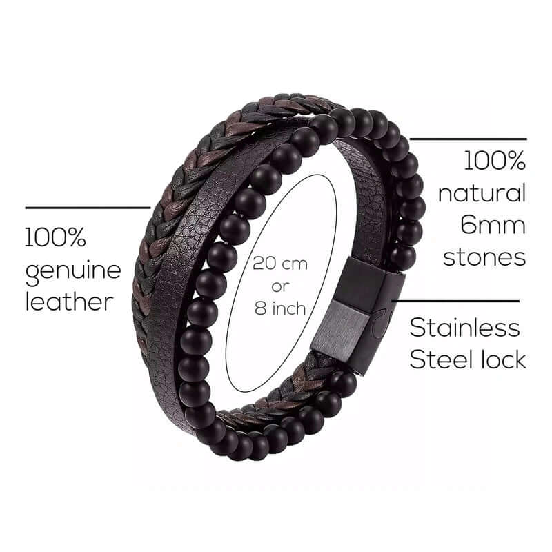 HEALING HEART BLACK & BROWN - American Style Genuine Leather Bracelet with Healing Natural Stones and Stainless Steel Magnetic Buckle for Men & Boy (8 inch) — Leather Bracelet for Men | THE MEN THING
