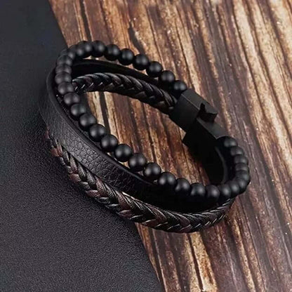 HEALING HEART BLACK & BROWN - American Style Genuine Leather Bracelet with Healing Natural Stones and Stainless Steel Magnetic Buckle for Men & Boy (8 inch) — Leather Bracelet for Men | THE MEN THING