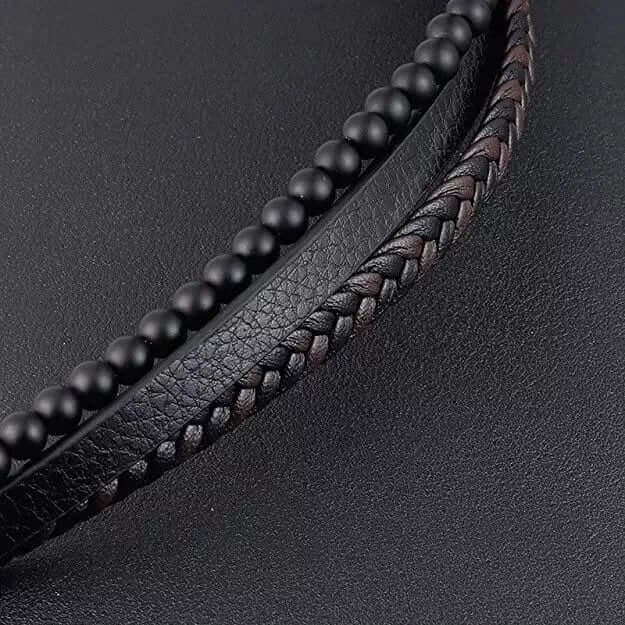 HEALING HEART BLACK & BROWN - American Style Genuine Leather Bracelet with Healing Natural Stones and Stainless Steel Magnetic Buckle for Men & Boy (8 inch) — Leather Bracelet for Men | THE MEN THING