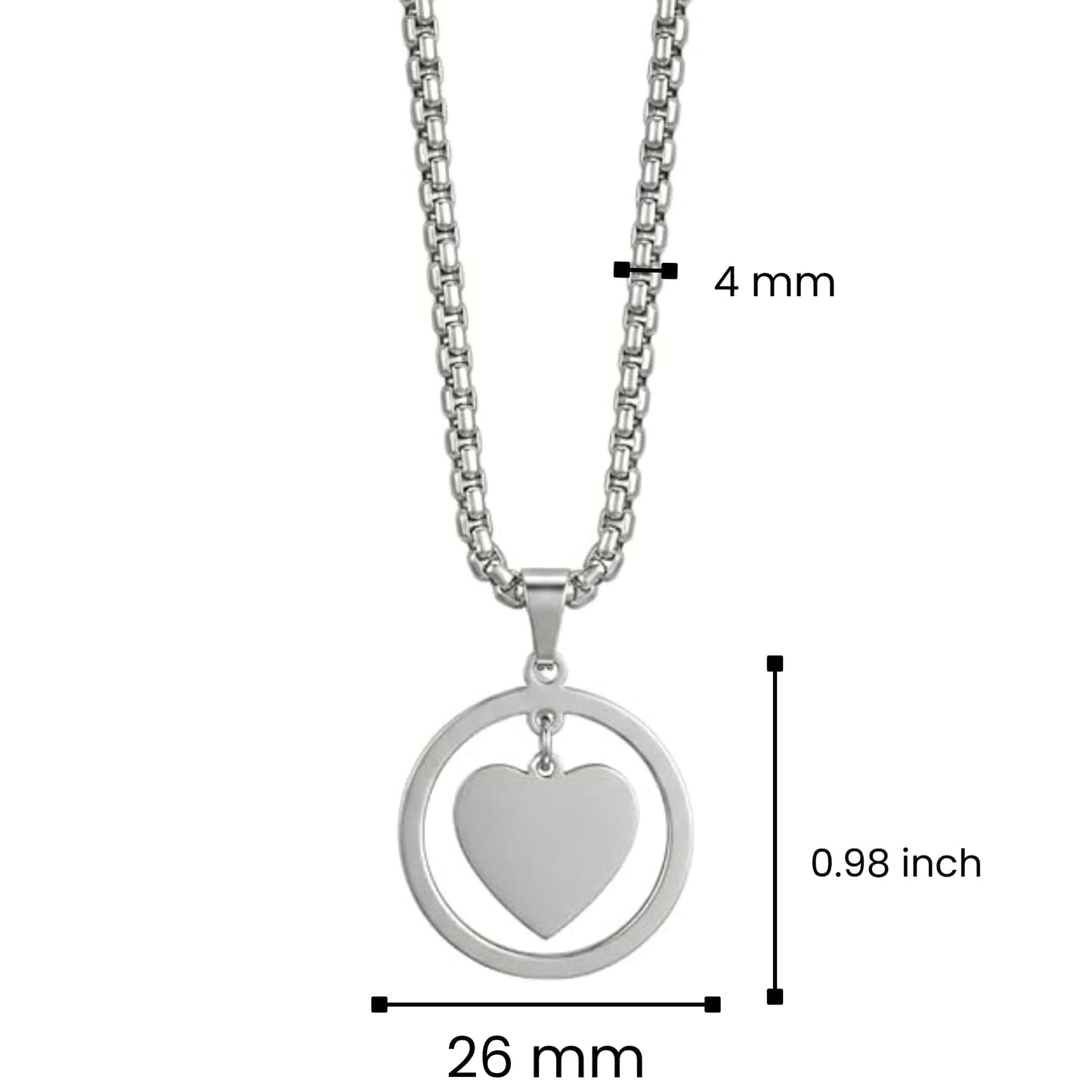 HEART IN CIRCLE - Titanium Steel Pendant with 23inch Round Box Chain for Men & Boys - THE MEN THING