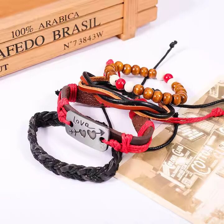 HEART KNOT  -  4 Pcs Genuine Braided Leather Bracelet Set for Men & Boys (8 inch) - THE MEN THING