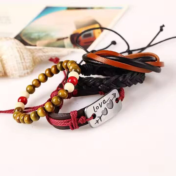 HEART KNOT  -  4 Pcs Genuine Braided Leather Bracelet Set for Men & Boys (8 inch)