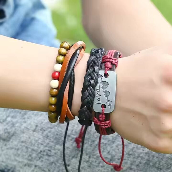 HEART KNOT  -  4 Pcs Genuine Braided Leather Bracelet Set for Men & Boys (8 inch)