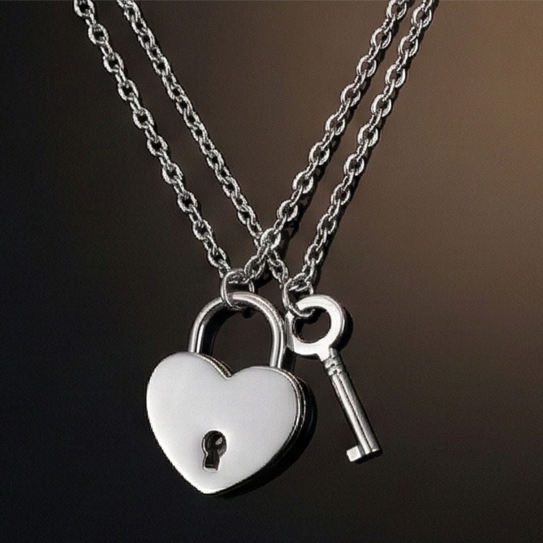 HEART PADLOCK KEY - Pure Titanium Steel Pendant with 24inch Round Rolo Chain for Men & Boys - THE MEN THING