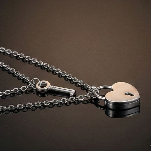HEART PADLOCK KEY - Pure Titanium Steel Pendant with 24inch Round Rolo Chain for Men & Boys