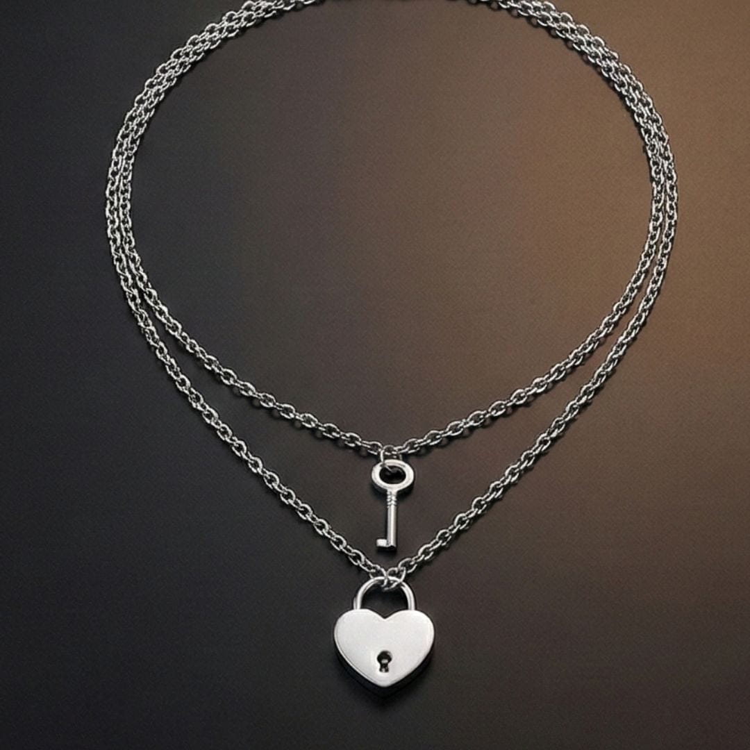 HEART PADLOCK KEY - Pure Titanium Steel Pendant with 24inch Round Rolo Chain for Men & Boys - THE MEN THING