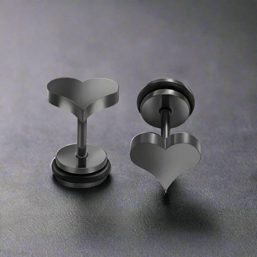 HEARTFELT ELEGANCE BLACK - Pure Titanium Steel Piercing Ear Earrings for Men & Boys (2 Pcs) - THE MEN THING