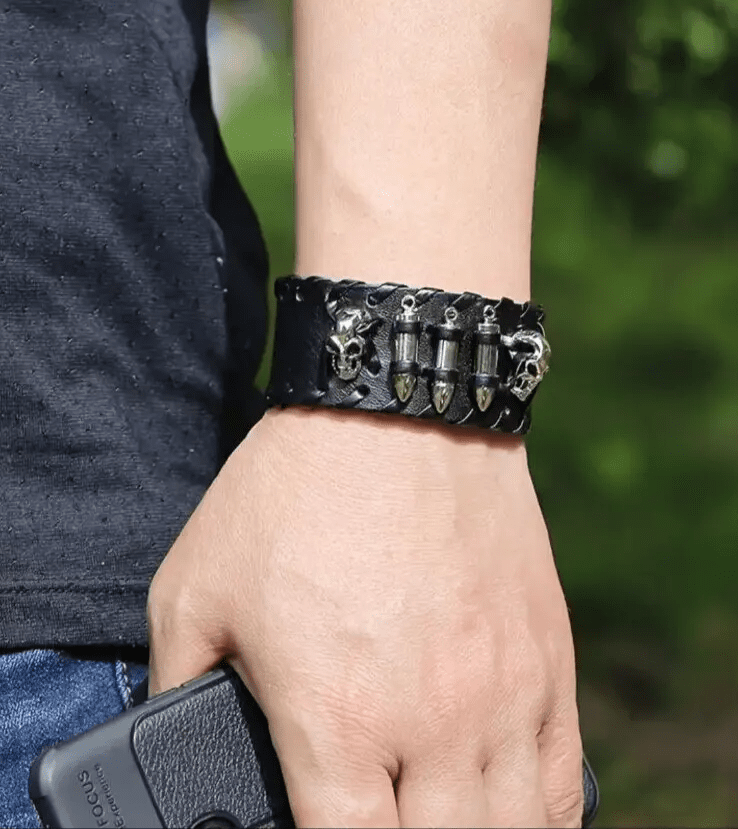 HELLBOUND WARRIOR BLACK BAND - Genuine Braided Leather Bracelet Set for Men & Boys (8 inch) - THE MEN THING