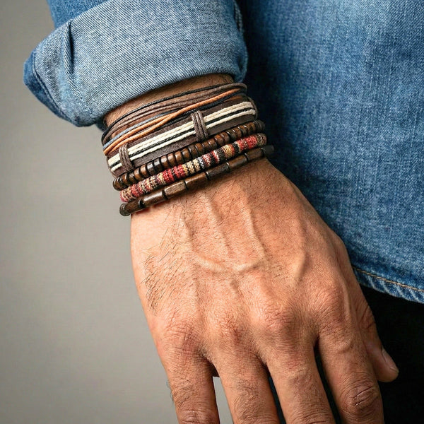 HERITAGE NOMAD - 5 Pcs Genuine Leather Adjustable Bracelet Set for Men & Boys (8 inch)
