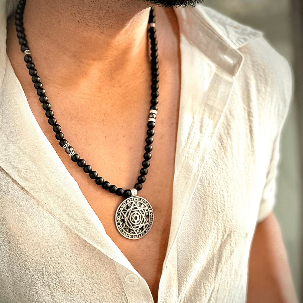 HEXAGRAM - 8mm Black Natural Onyx Beads Necklace for Men & Boys (24 inch) — Pearl / Bead Necklace for Men | THE MEN THING