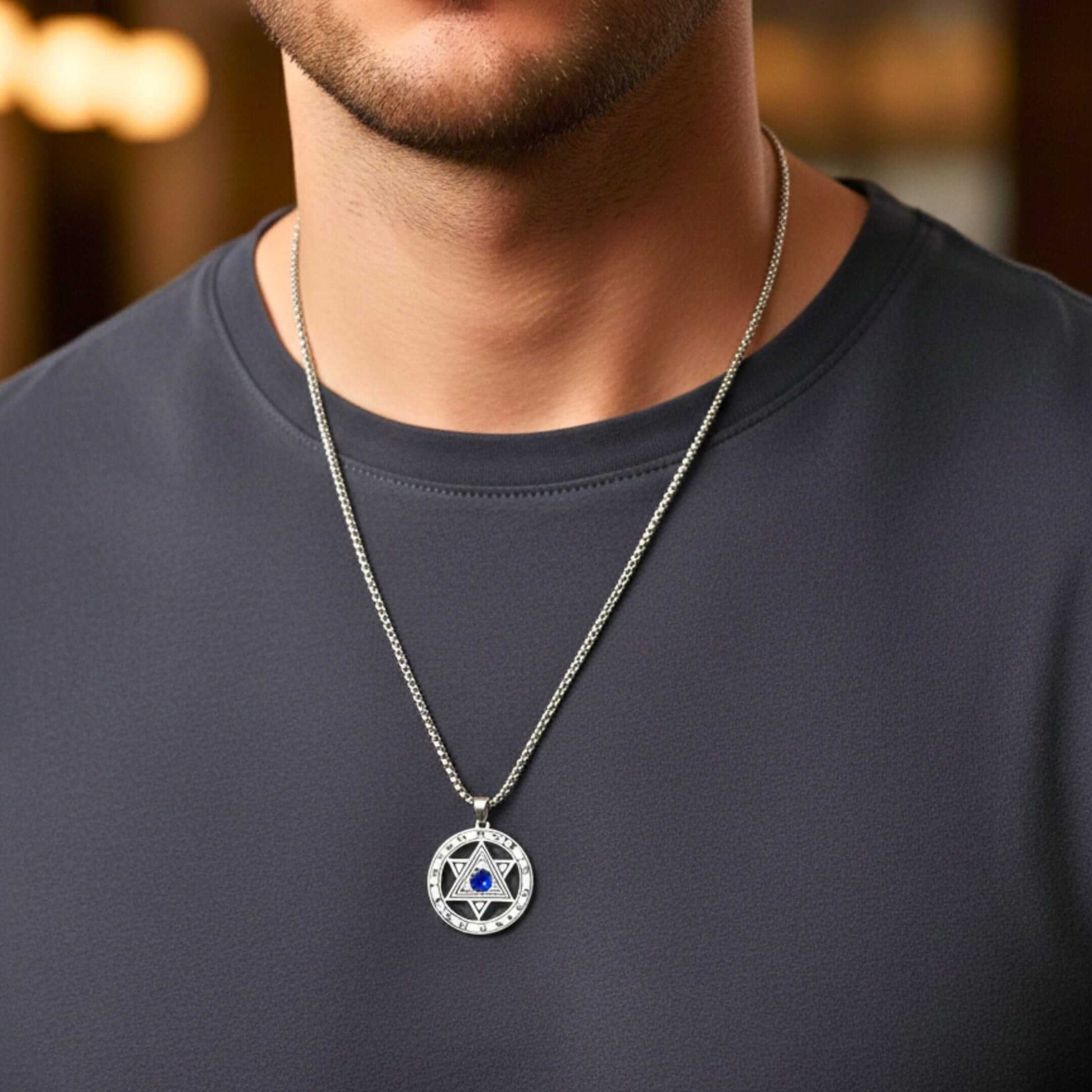HEXAGRAM SEAL - 27mm Pure Titanium Steel Pendant with 23inch Round Box 4mm Chain for Men & Boys - THE MEN THING