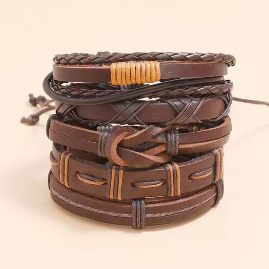 HISTORIC WEAVE -  5 Pcs Genuine Braided Leather Bracelet Set for Men & Boys (8 inch) - THE MEN THING