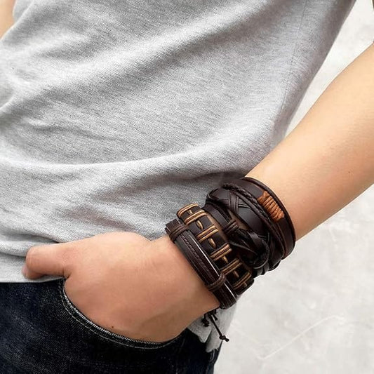 HISTORIC WEAVE -  5 Pcs Genuine Braided Leather Bracelet Set for Men & Boys (8 inch) - THE MEN THING