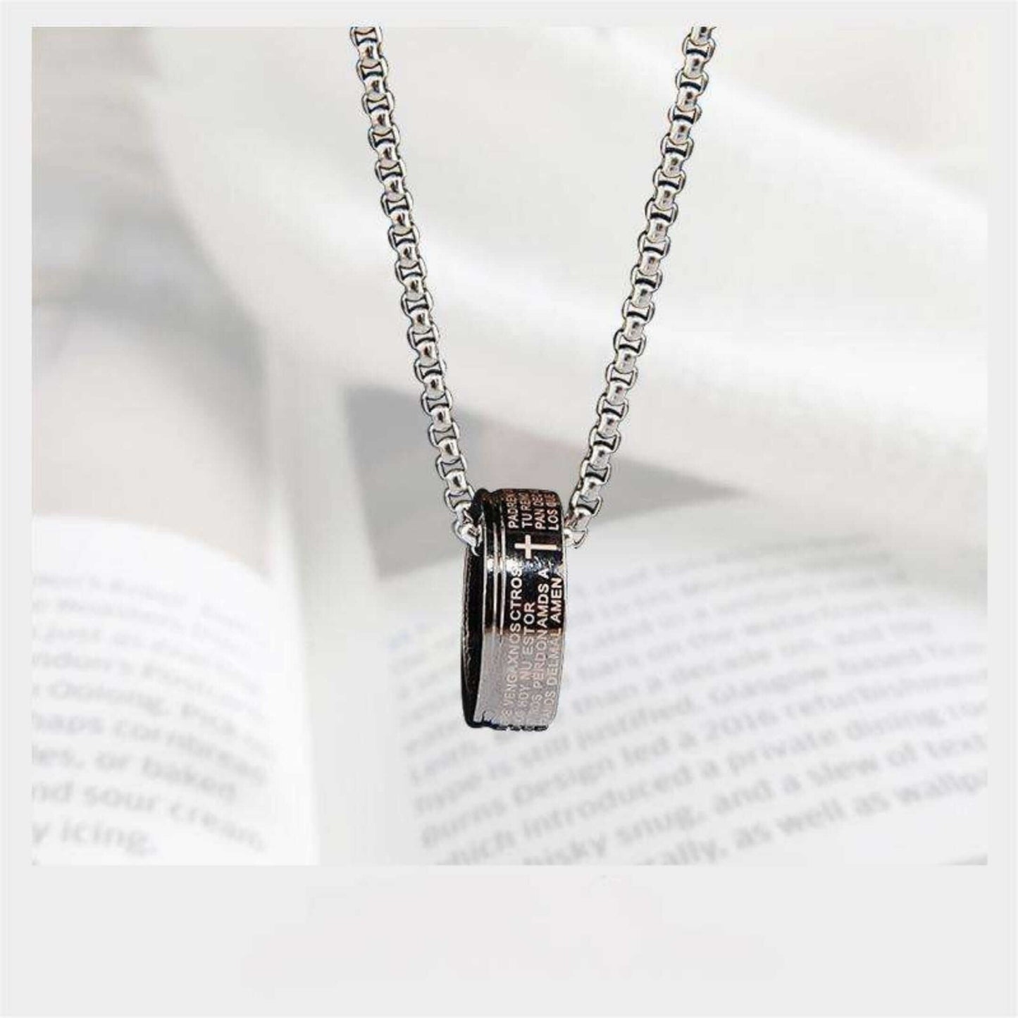 HOLY PRAYER CROSS RING - 10mm Pure Titanium Steel Pendant with 28inch Round Box 4mm Chain for Men & Boys - THE MEN THING