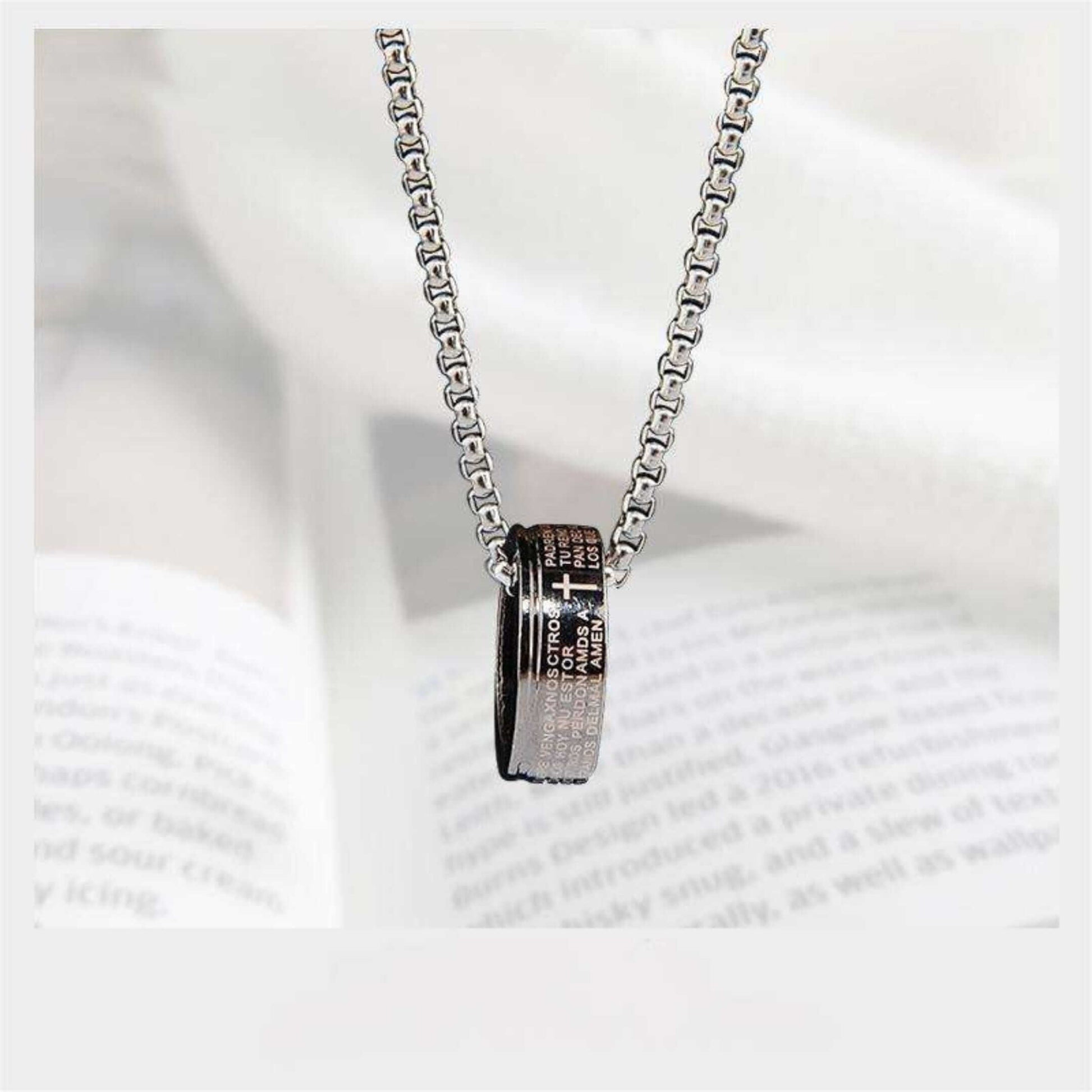 HOLY PRAYER CROSS RING - 10mm Pure Titanium Steel Pendant with 28inch Round Box 4mm Chain for Men & Boys - THE MEN THING