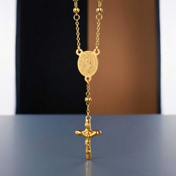 HOLY ROSARY GOLDEN - 21mm Titanium Steel Pendant with 34inch Chain 6mm for Men & Boys