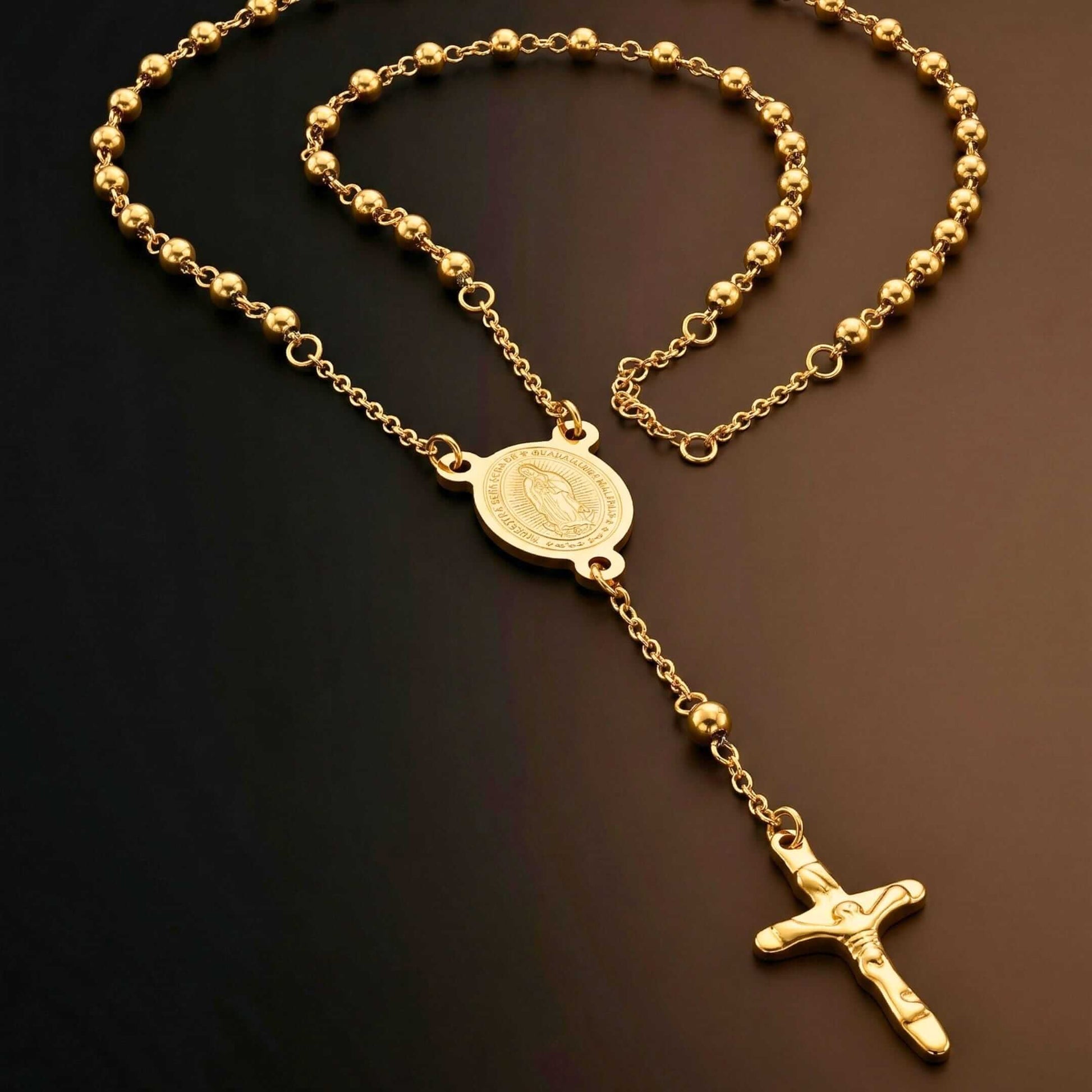 HOLY ROSARY GOLDEN - 21mm Titanium Steel Pendant with 34inch Chain 6mm for Men & Boys - THE MEN THING