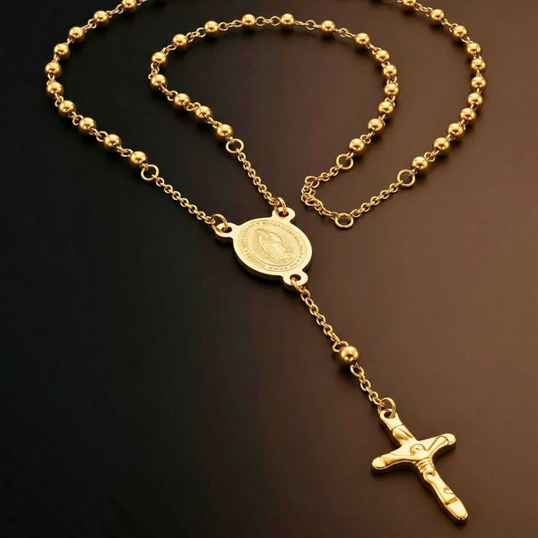 HOLY ROSARY GOLDEN - 21mm Titanium Steel Pendant with 34inch Chain 6mm for Men & Boys