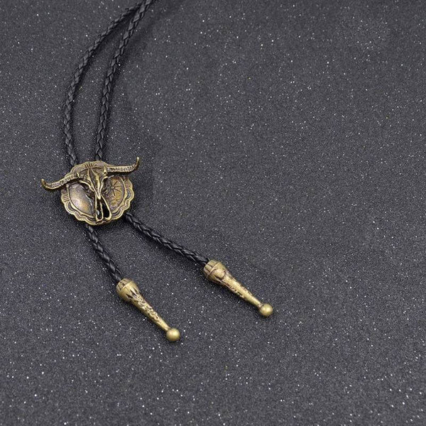 HORN VALOR - Retro Alloy Pendant Bolo Tie | Adjustable Genuine Leather Cowboy Necktie Necklace for Men & Boys