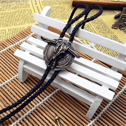 HORN VALOR - Retro Alloy Pendant Bolo Tie | Adjustable Genuine Leather Cowboy Necktie Necklace for Men & Boys — Leather Necklace for Men | THE MEN THING
