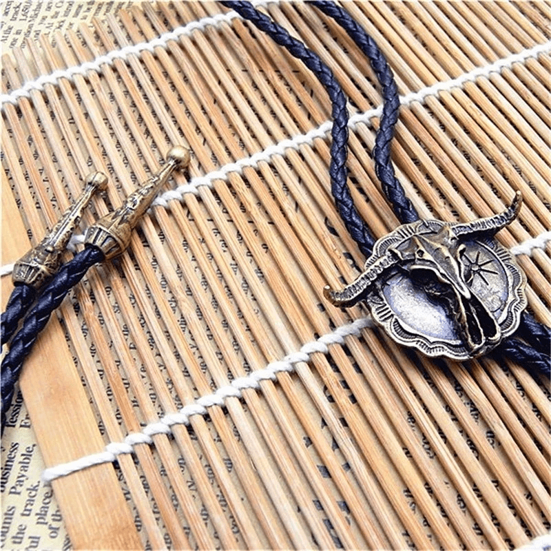 HORN VALOR - Retro Alloy Pendant Bolo Tie | Adjustable Genuine Leather Cowboy Necktie Necklace for Men & Boys — Leather Necklace for Men | THE MEN THING