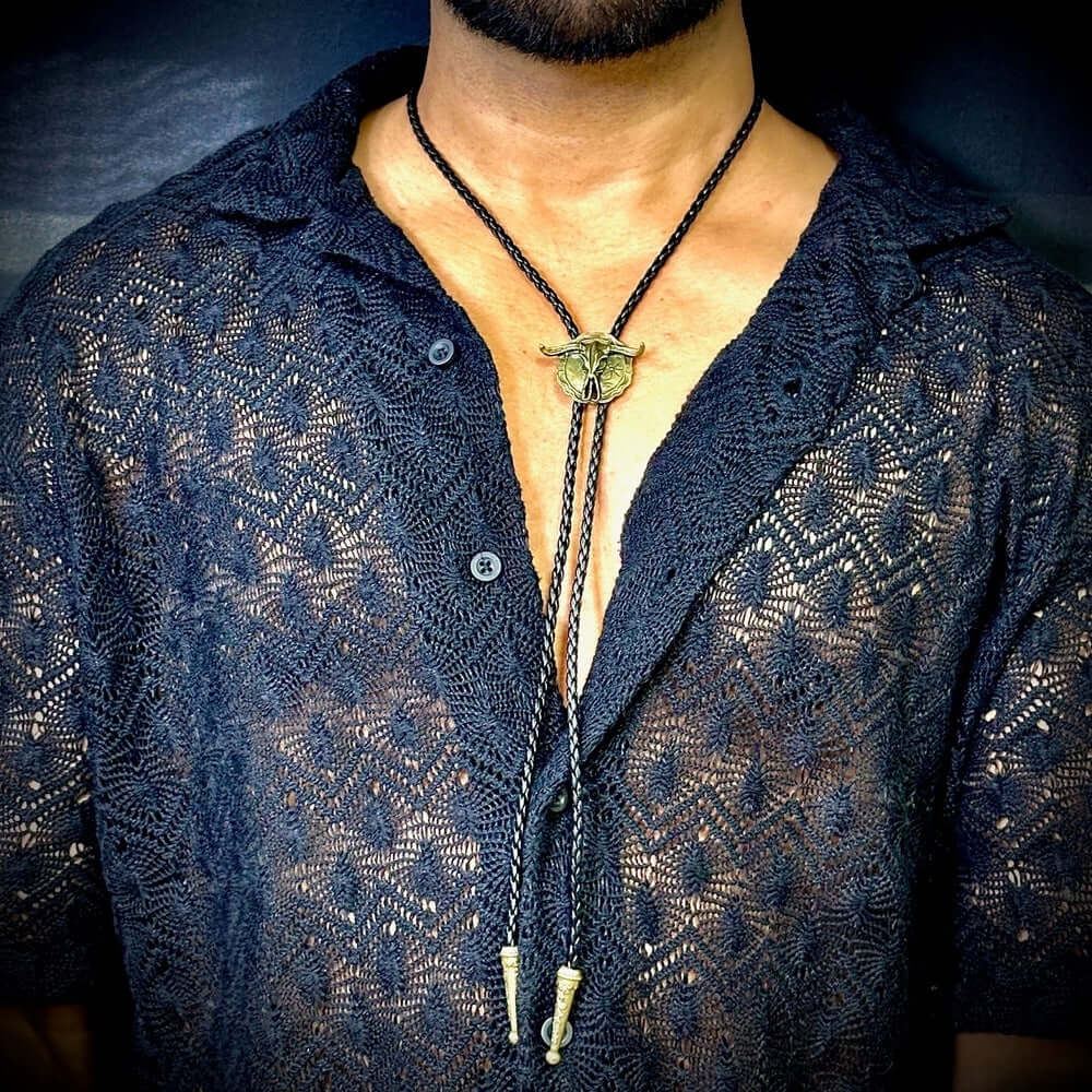 HORN VALOR - Retro Alloy Pendant Bolo Tie | Adjustable Genuine Leather Cowboy Necktie Necklace for Men & Boys — Leather Necklace for Men | THE MEN THING
