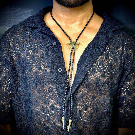 HORN VALOR - Retro Alloy Pendant Bolo Tie | Adjustable Genuine Leather Cowboy Necktie Necklace for Men & Boys — Leather Necklace for Men | THE MEN THING