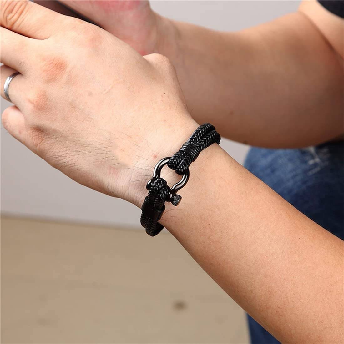 HORSESHOE BUCKLE BLACK - Genuine Leather Braided Bracelet with Stainless Steel Clasp Pin for Men & Boys (8 inch) — Leather Bracelet for Men | THE MEN THING