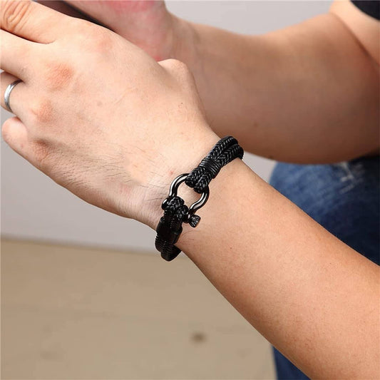 HORSESHOE BUCKLE BLACK - Genuine Leather Braided Bracelet with Stainless Steel Clasp Pin for Men & Boys (8 inch) - THE MEN THING